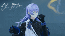 a girl with long purple hair is singing into a microphone with the words " oh it 's time " written below her