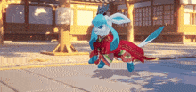 a blue and white pokemon wearing a red and green outfit