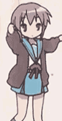 a cartoon of a girl in a blue dress and a brown jacket is dancing .