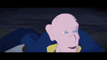 a cartoon of a bald man with blue eyes is surrounded by text in a foreign language
