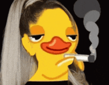 a woman with a duck face is smoking a cigarette with smoke coming out of her mouth