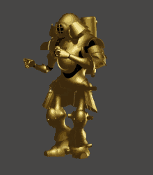 a statue of a robot with a gray background