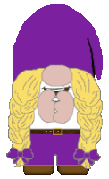 a pixel art drawing of a gnome wearing a purple hat