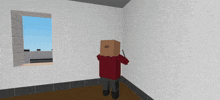 a man in a red shirt is holding a sword in a room with a window