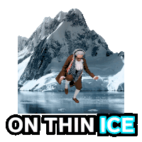 an advertisement for on thin ice shows a man jumping over a body of water