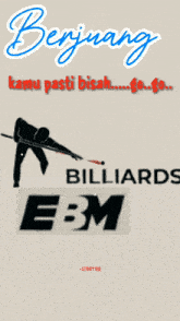 a poster for billiards with a man holding a cue stick
