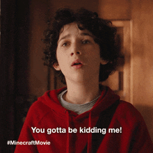 a young boy in a red hoodie says you gotta be kidding me #minecraftmovie