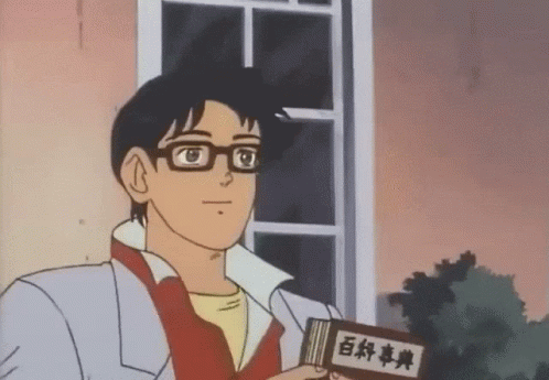 Gif: anime pigeon meme. Cartoon young man with glasses, popped preppy collar, speaks and extends his hand as a butterfly comes into the frame. 