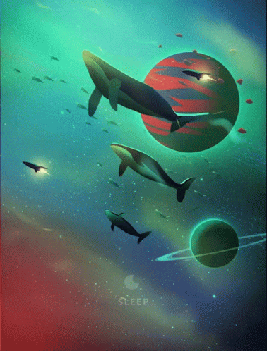Decorative image of whales in space
