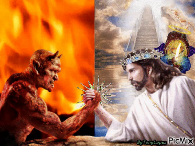 God and the devil arm wrestling