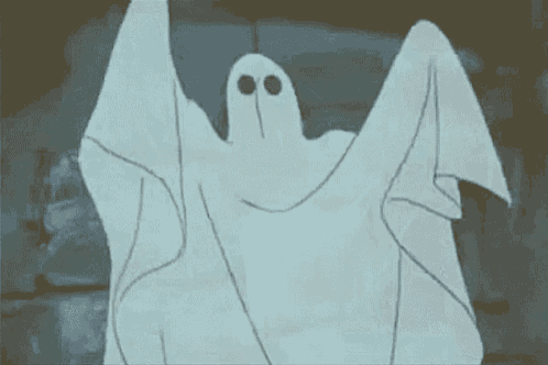 Cartoon Gif of a ghost wearing a bed sheet, waving its arms spookily