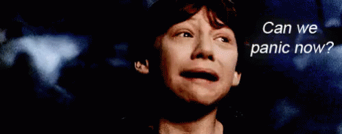 Gif of Ron Weasley, looking panicked, turning his head and asking, 