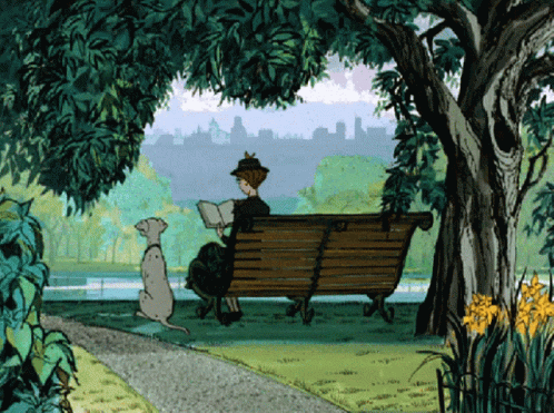 Animated victorian lady reading a book on a park bench in Central Park, lagoon and city in the background.