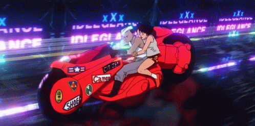 Animated character riding a futuristic motorcycle in a neon-lit cityscape.