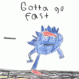 Coloured pencil drawing Sonic the Hedgehog "Gotta go fast" gif with flailing legs and a look of expressionless terror on his face.
