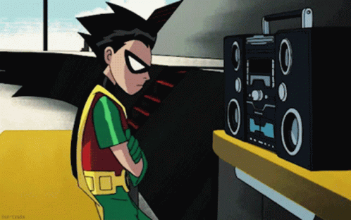 gif, anime character standing in front of vibrating stereo speakers, emitting feedback