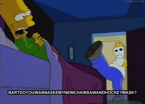 Bartdoyouwannaseemynewchainsawandhockeymask - The Simpsons GIF - The  Simpsons Hockey Mask Chainsaw - Discover & Share GIFs