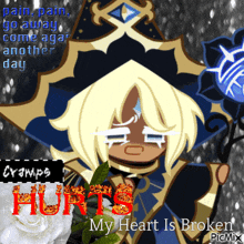 a picture of a cartoon character with the words my heart is broken on it