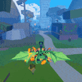 a green dragon is flying through a cartoon scene