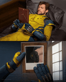 a man in a yellow and blue suit is laying on a bed