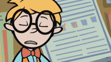 a cartoon character wearing glasses and a bow tie is standing in front of a checklist