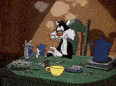 sylvester from looney tunes is smoking a cigarette while sitting at a table