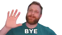 a man with a beard is waving his hand and the word bye is on his shirt