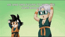 a couple of cartoon characters are standing next to each other .