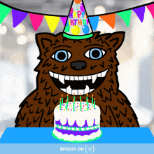 a cartoon of a monster wearing a party hat with the word happy birthday on it