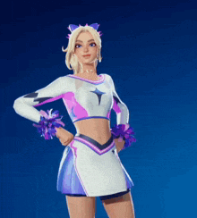 a cheerleader with purple pom poms and a star on her top
