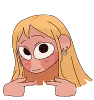 a cartoon drawing of a girl with big eyes pointing at her face