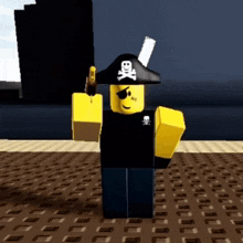 a pirate with a skull and crossbones hat is holding a gun