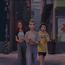 a cartoon girl with purple hair and a yellow hoodie stands next to two other girls