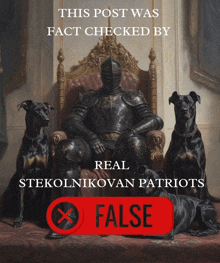a painting of a man in armor sitting on a throne with two black dogs and a red button that says false