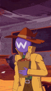 a cartoon character with a w on his face is holding a bucket of tomatoes
