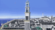 a drawing of a city with a clock tower that has the number 1 on it