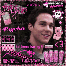 a picture of avril lavigne is surrounded by pink graphics