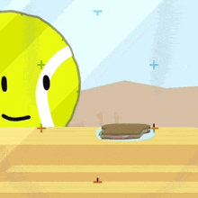 a cartoon drawing of a tennis ball with the letter t in the background