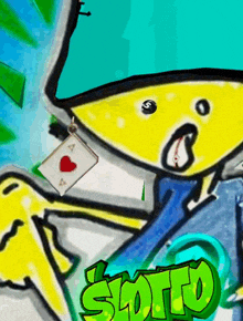 a drawing of a man with a playing card and the word soto in green letters
