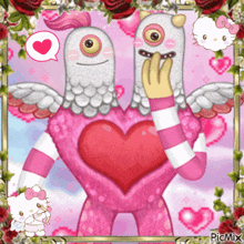 a picture of two monsters holding a heart and a hello kitty