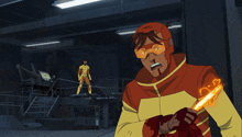 a cartoon character is holding a flamethrower in front of stairs