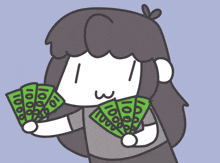 a cartoon of a girl holding a fan of money