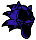 a cartoon drawing of a sonic the hedgehog with a huge mouth and red eyes .