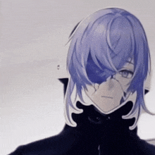 a close up of a person with purple hair and a mask on their face