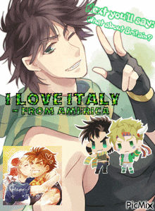 a picture of a man with the words " i love italy from america " on it
