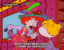 a cartoon character from rugrats is talking to another character while wearing a hat .