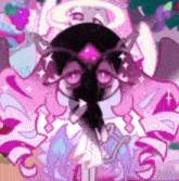 a cartoon character with pink hair and glasses is wearing a white dress and a purple dress .