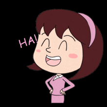 a cartoon of a girl laughing with the words hai hai hai written above her