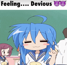 a cartoon of a girl with blue hair giving a thumbs up with the caption feeling devious