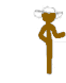 a brown stick figure wearing a white cowboy hat is walking